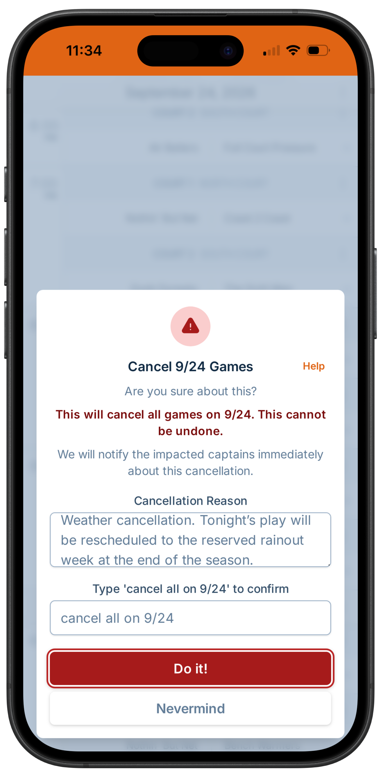 A screenshot showing the game cancellation dialog, where the manager has decided to cancel games and is providing a message to send to captains