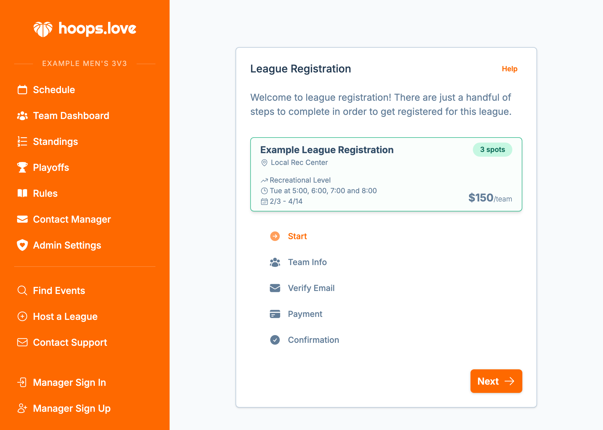 A screenshot of the team registration experience