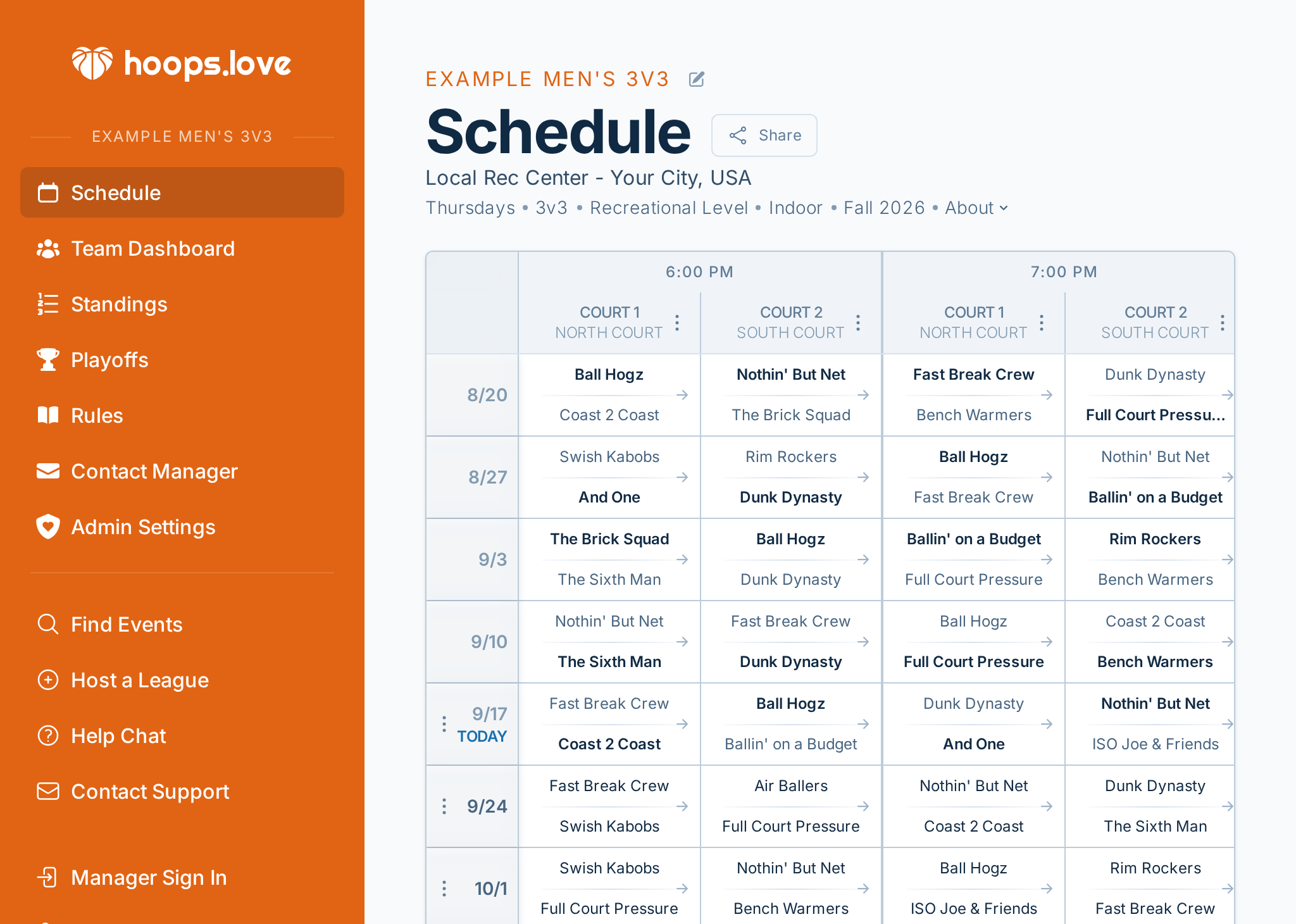 hoops.love schedule screenshot