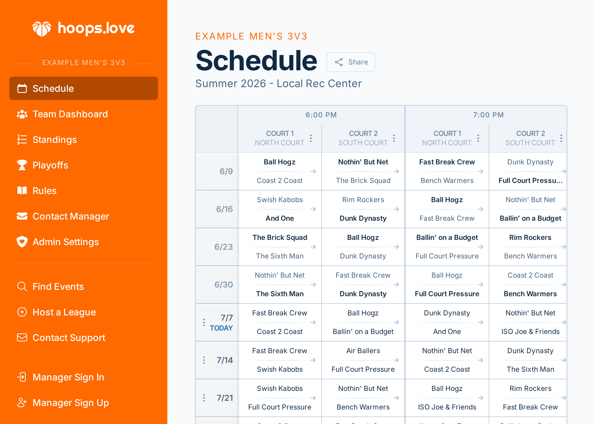 hoops.love schedule screenshot