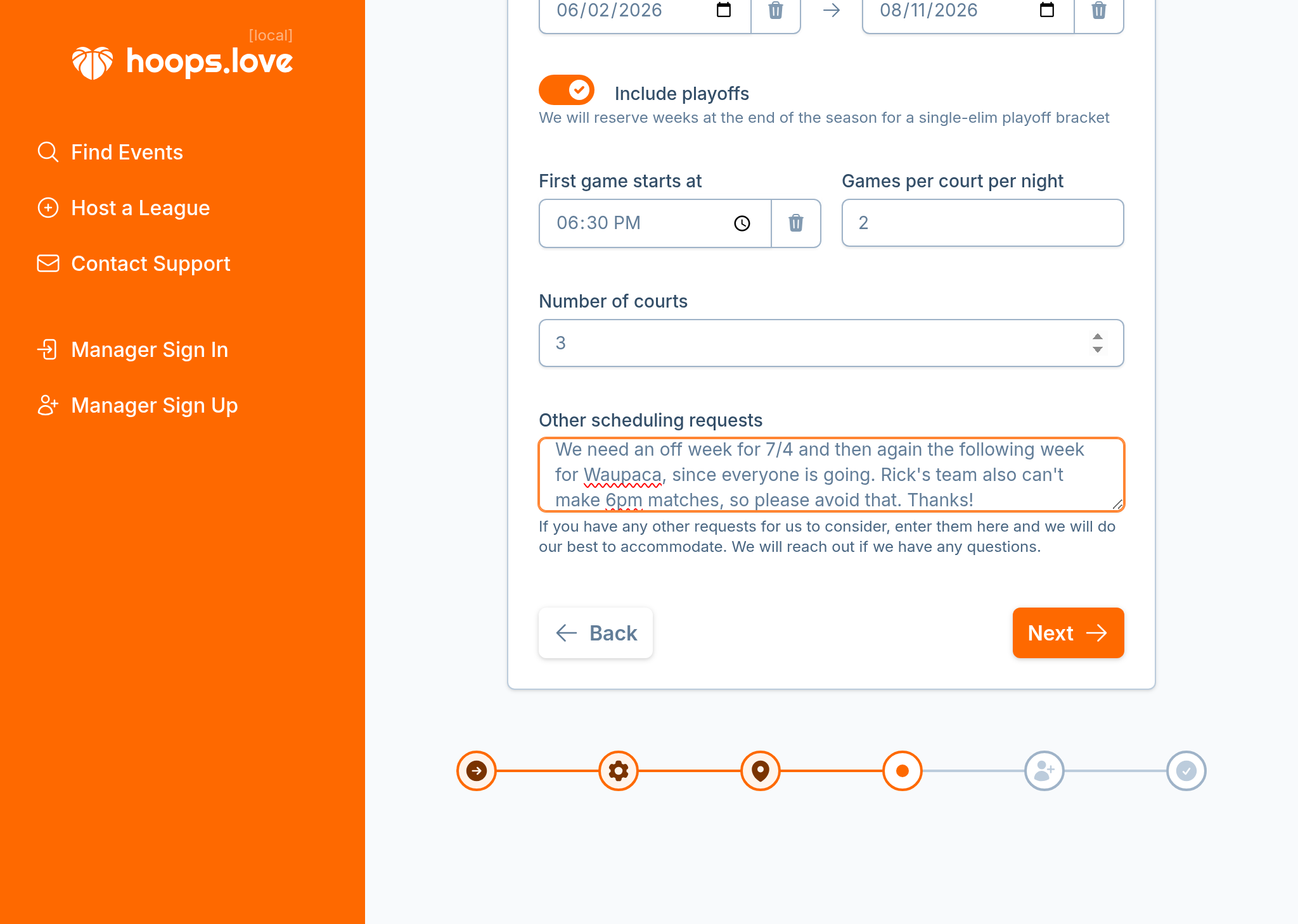 A screenshot of the league creation wizard where a league manager can enter scheduling constraints and preferences