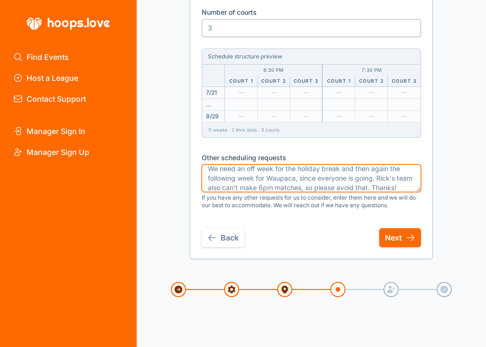 A screenshot of the league creation wizard where a league manager can enter scheduling constraints and preferences