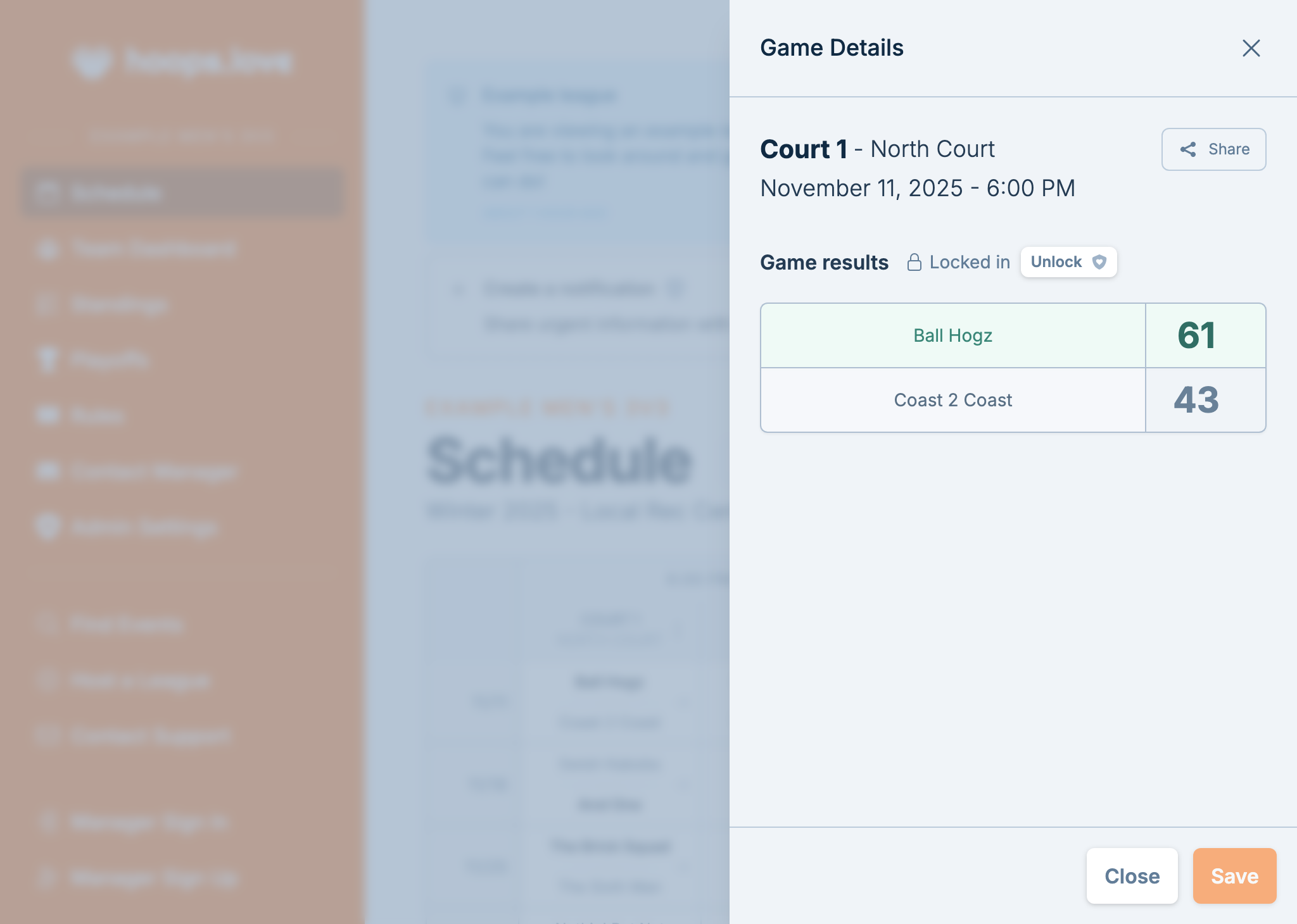 A screenshot of an email sent by the hoops.love service that reminds captains to enter their scores after a game completes