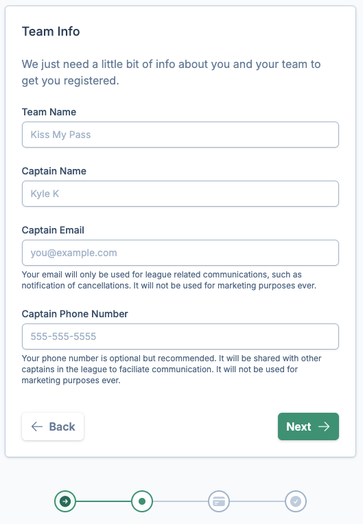 registration form team info screenshot