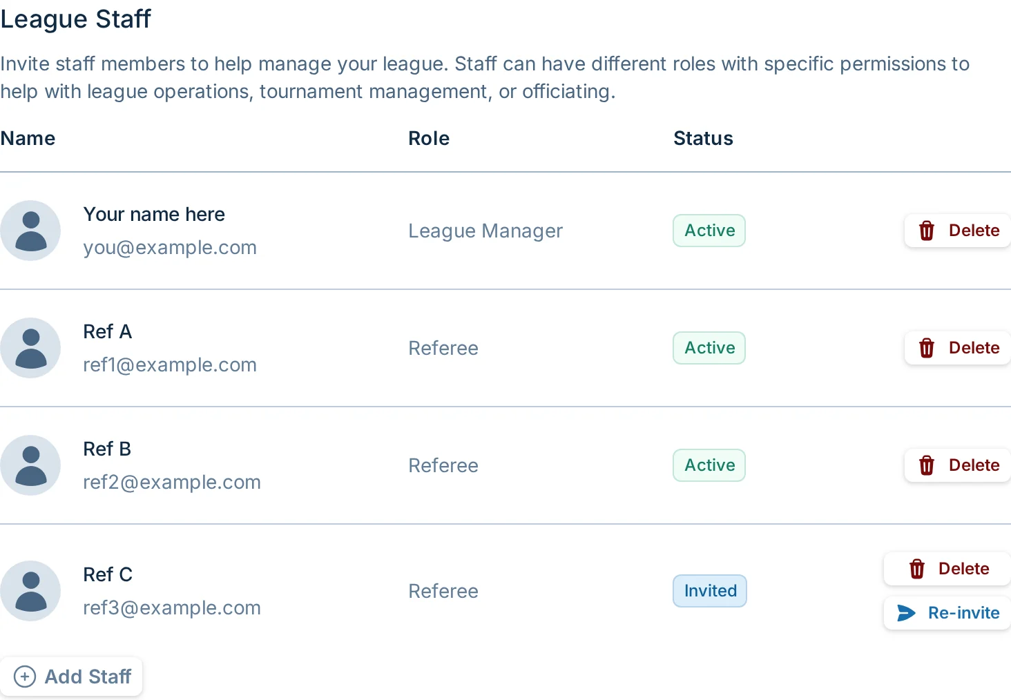 Admin Settings staff and permissions tab in hoops.love, a basketball league admin control panel