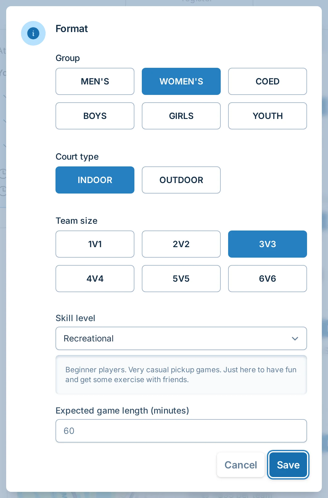 Edit format dialog in hoops.love, a basketball league setup editor