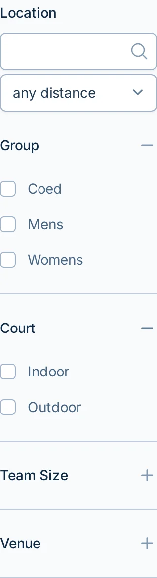 League finder filters in hoops.love, a basketball league search page