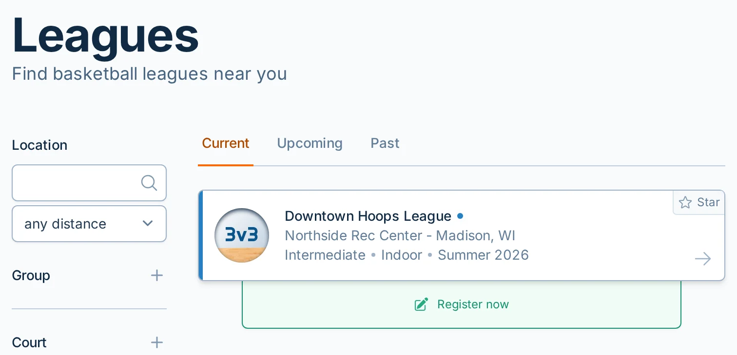 Find Leagues page in hoops.love, a basketball league discovery and registration app