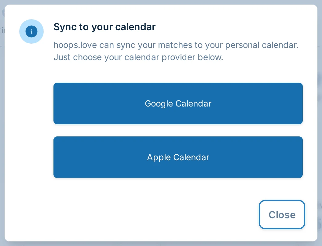 Calendar sync dialog on the hoops.love team dashboard for a basketball league