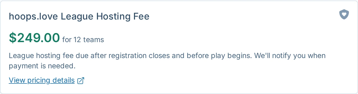 League hosting fee summary in hoops.love, a basketball league management billing screen
