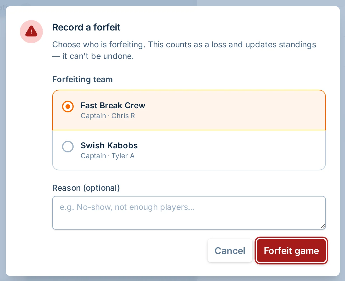Forfeit or no-show dialog in hoops.love, a basketball league score reporting app