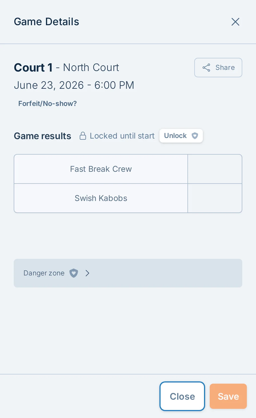 Locked score reporting form in hoops.love, a basketball league score reporting app