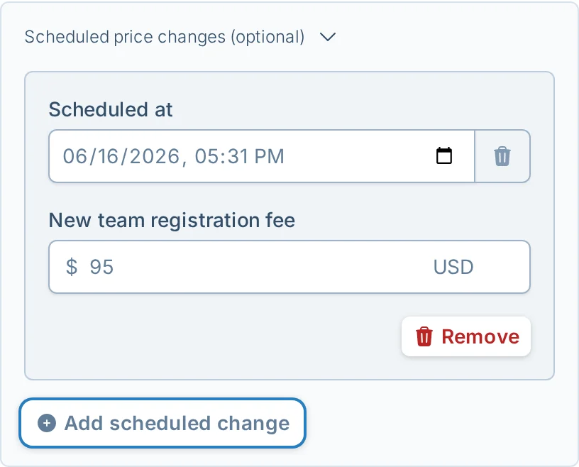Scheduled registration price change controls in hoops.love, a basketball league signup pricing screen