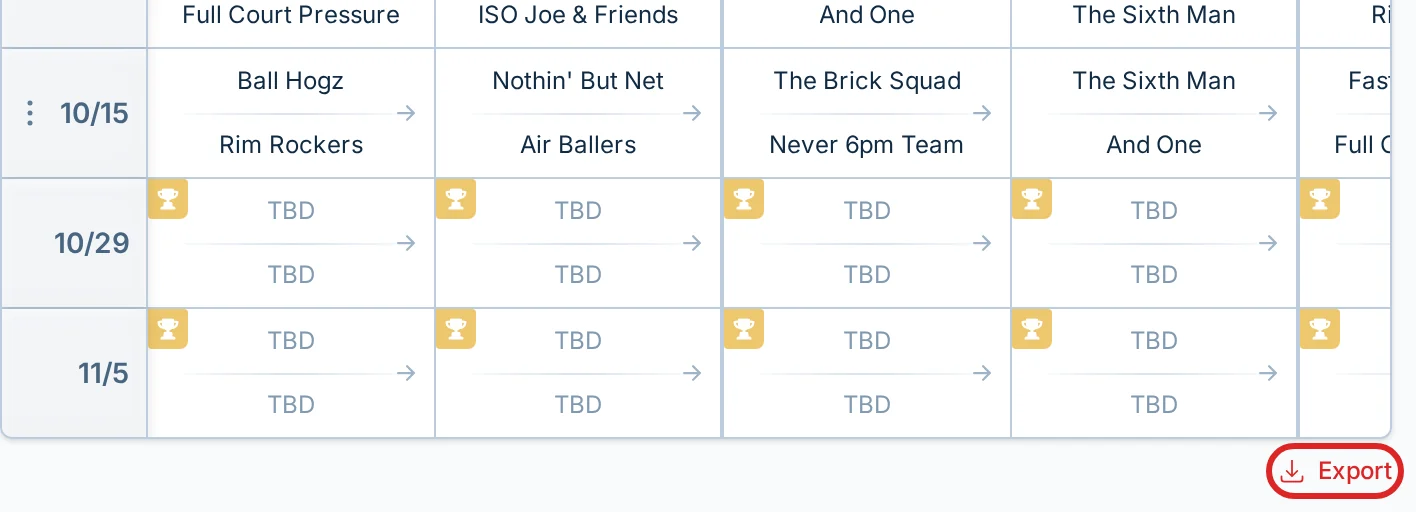 The Export control below a league schedule in hoops.love
