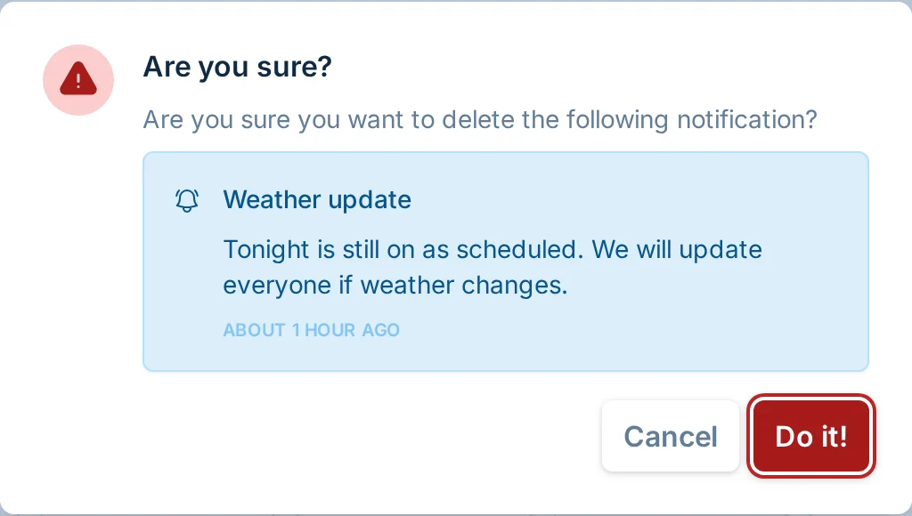 Delete notification confirmation in hoops.love, a basketball league manager communication tool
