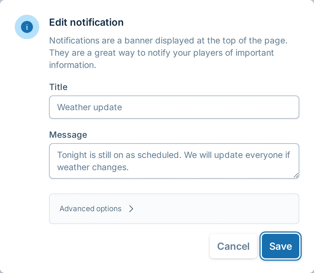 Edit notification dialog in hoops.love, a basketball league manager communication tool
