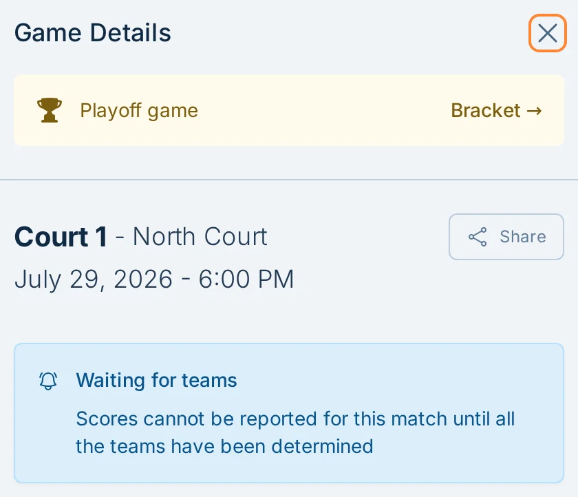 Playoff game details with a bracket link in hoops.love, a basketball score reporting app