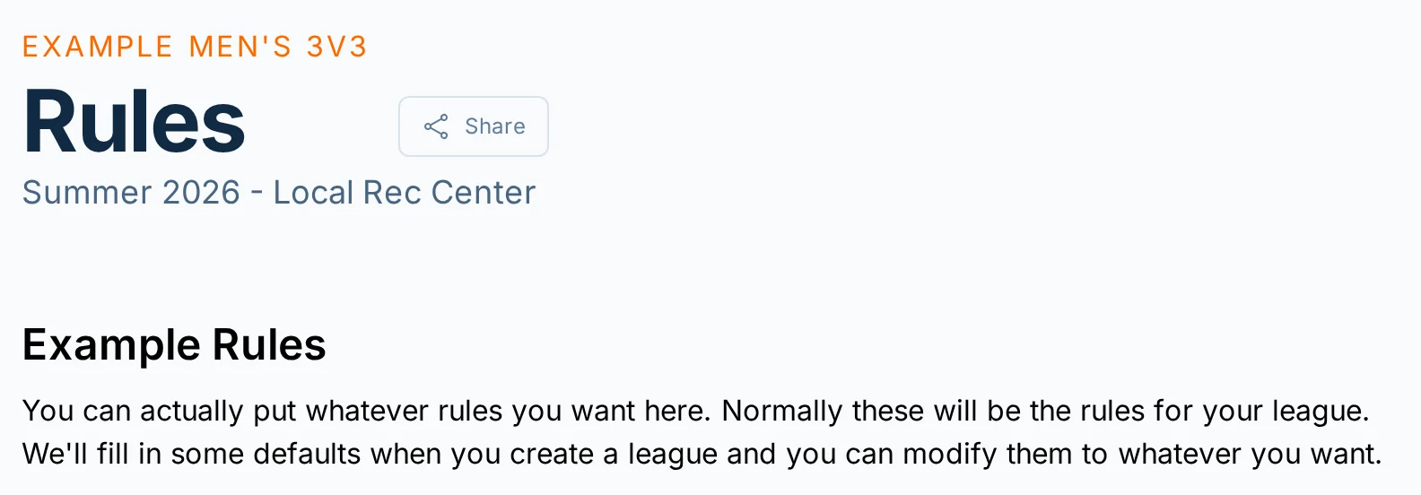 Rules page in hoops.love, a basketball league management app